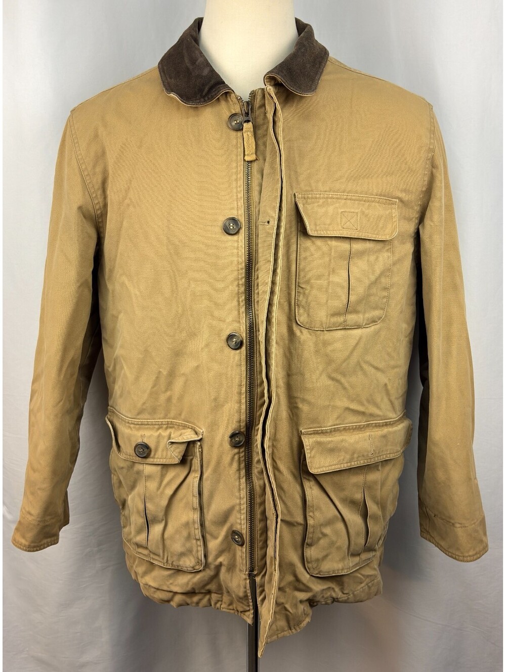 St. John's Bay Men's Size L Canvas Barn Khaki Plaid Lined Work Coat Jacket